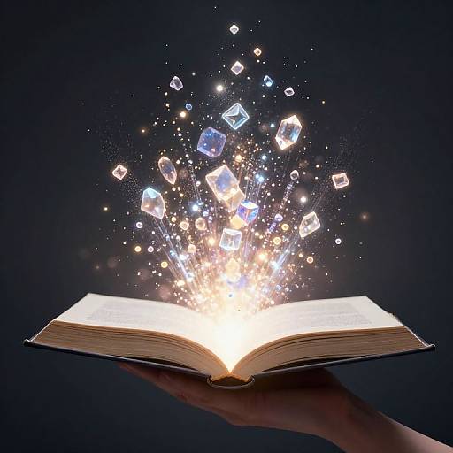 Photograph of an open book with glowing, floating, translucent cubes and stars emerging from its pages, held by a hand against a dark background.