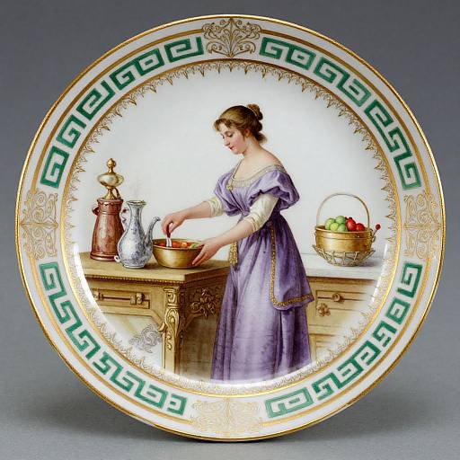 Ornate porcelain plate featuring a Victorian-style woman in a lavender dress, pouring from a silver pitcher into a bowl, with a fruit basket on the
