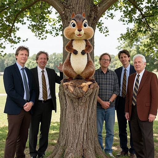 Photograph of six men in suits standing around a tree with a large, cartoon squirrel mascot perched on the trunk. Outdoor setting with greenery in