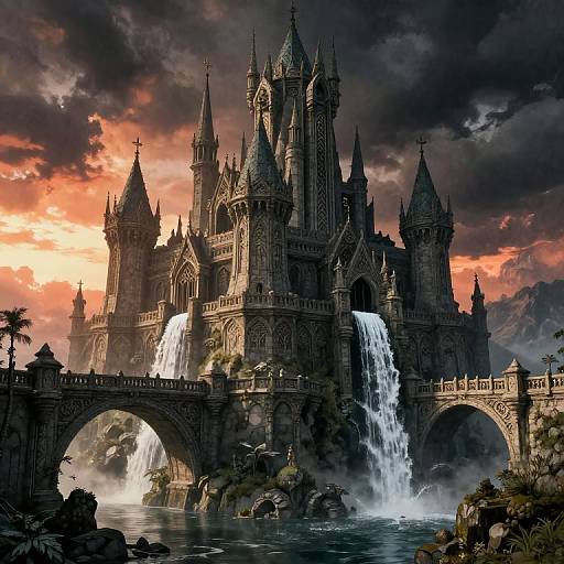 Digital fantasy artwork of a grand, gothic castle with multiple spires, waterfalls, and arched bridges under a dramatic, cloudy sunset sky.