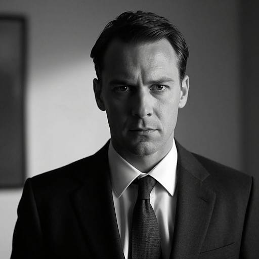 Black-and-white photograph of a serious, middle-aged man in a dark suit, white shirt, and textured tie, with shadowed face. Background is