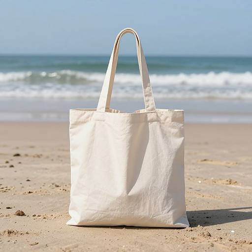 Photograph of a white, canvas tote bag with two handles, standing on a sandy beach with gentle waves and a clear blue sky in the background.