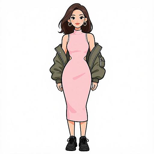 Digital anime-style drawing of a young woman with medium-length black hair, wearing a sleeveless pink dress, green military jacket, black sneakers, and hoop