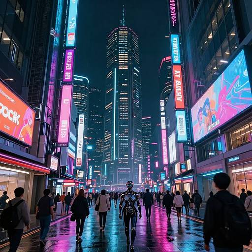 Neon-lit, bustling urban street at night with colorful digital billboards, reflective wet pavement, and people walking in a modern city.