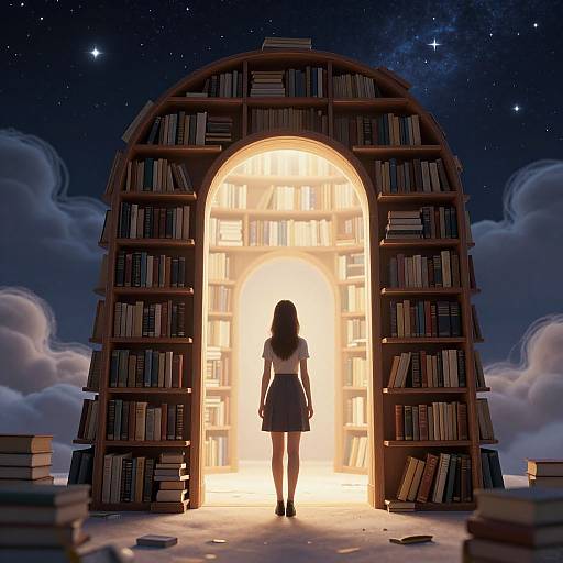Digital artwork: Silhouetted girl with dark hair stands before an illuminated, arch-shaped bookshelf in a starry night sky, surrounded by scattered