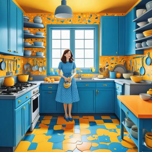 Woman in Blue Dress in Vibrant Kitchen
