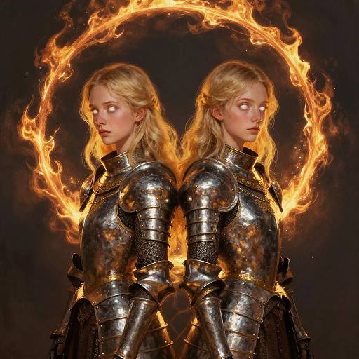 Photograph-style digital artwork of two blonde, white-eyed women in silver armor, back-to-back, encircled by fiery halo against dark background.