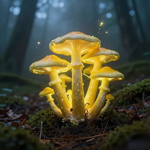 Neon Yellow Mushroom Cluster in Fog