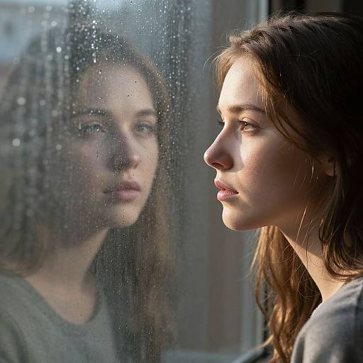 Photograph of a contemplative young woman with light brown hair, gazing at her reflection in a rain-speckled window, sunlight casting a soft
