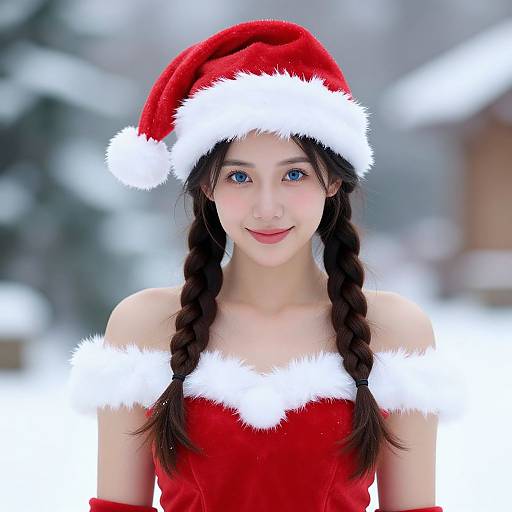 Photograph of an Asian woman with blue eyes, wearing a red Santa hat and dress with white fur trim, in a snowy outdoor setting.