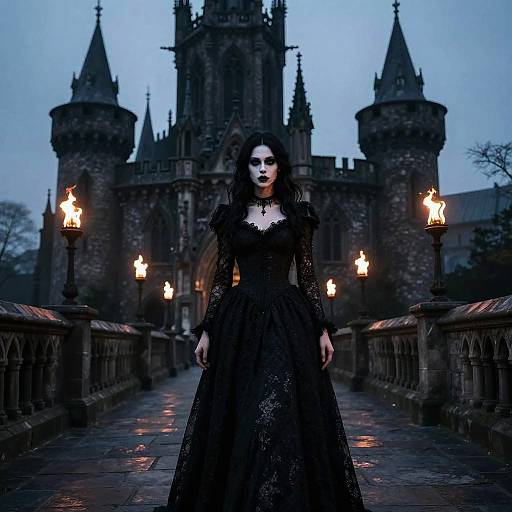Gothic-style photograph of a pale woman with dark makeup, wearing a black lace gown, standing on a wet stone bridge at dusk, with a
