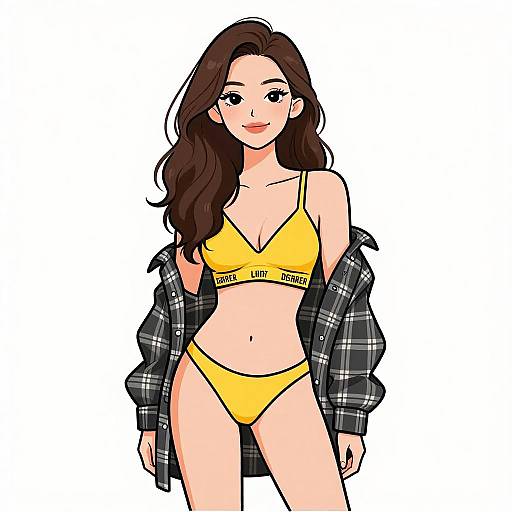 Digital illustration of a smiling, fair-skinned woman with long brown hair, wearing a yellow bra and panties, and a black plaid shirt. 