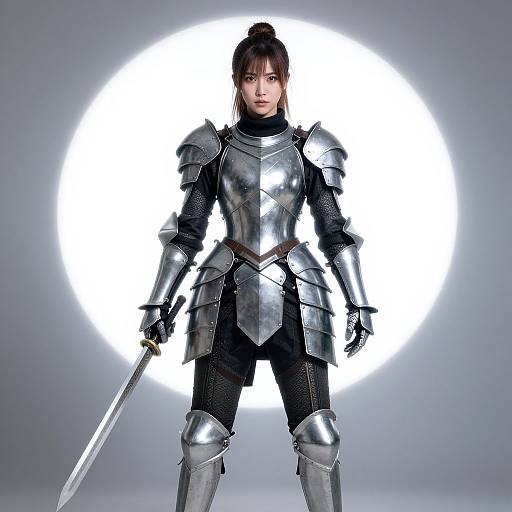 Photograph of a serious, brown-haired woman in silver, reflective medieval armor, holding a sword, standing in front of a bright white circular light,