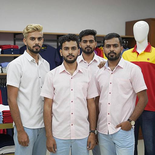 Group of Men Wearing Matching Shirts in Clothing Store