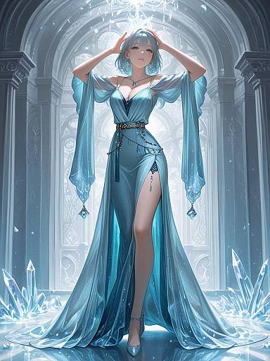 Digital anime-style art of a blue-haired woman in a translucent, thigh-high slit, blue dress, standing in an icy, arched cathedral.