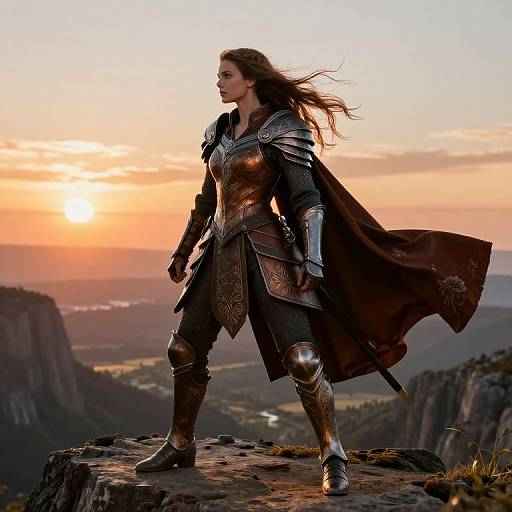 Epic photograph of a determined, long-haired woman in ornate, metallic armor standing on a cliff at sunset, with a wind-swept cape