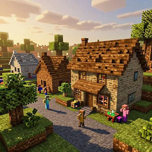 Pixel art village scene at sunset: stone cottage with brown roof, colorful characters, green trees, garden, and bright sky. Minecraft style.