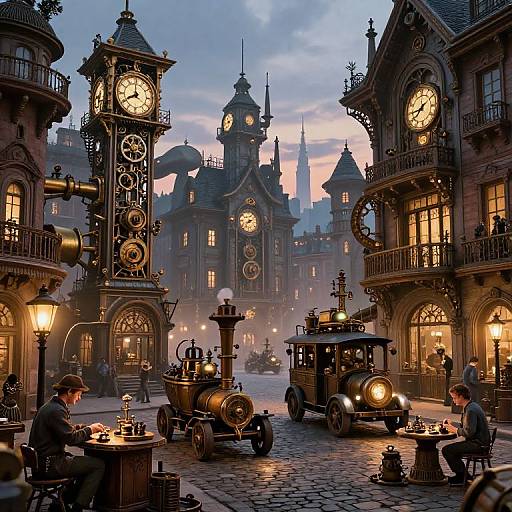 Steampunk-themed city square at dusk, featuring clock towers, vintage cars, and cobblestone streets, with people playing chess and enjoying tea.