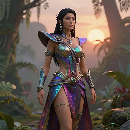 Digital artwork of a beautiful, dark-haired woman in shimmering, purple and gold fantasy armor, standing in a lush, misty jungle at sunset.
