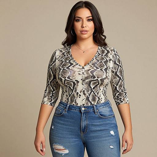 Photograph of a curvy woman with medium brown skin, long dark hair, wearing a snake-print blouse and blue distressed jeans, standing against a plain