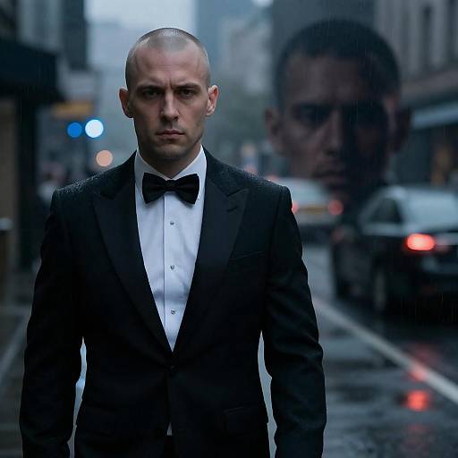 Serious Man in Tuxedo on Rainy Urban Street