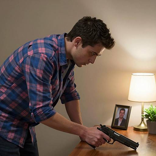 Intense Young Man with Gun in Dim Room