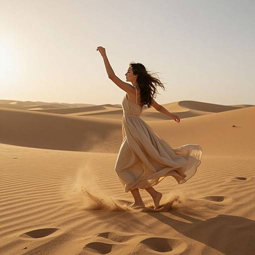 Photograph of a woman with flowing dark hair in a white dress dancing joyfully in a golden desert with sunlit sand dunes.
