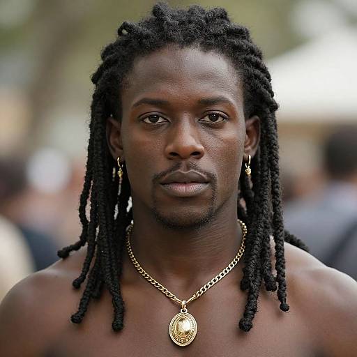 Photograph of a shirtless, dark-skinned man with long black dreadlocks, wearing gold hoop earrings and a gold chain with a circular pendant,