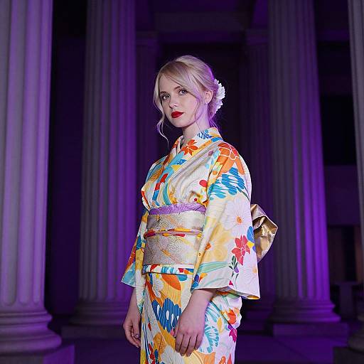 Photograph of a blonde woman in a colorful, floral-patterned kimono with a yellow obi, standing against a dark, columned background illuminated