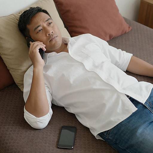 Man Reclining on Patterned Brown Bedspread