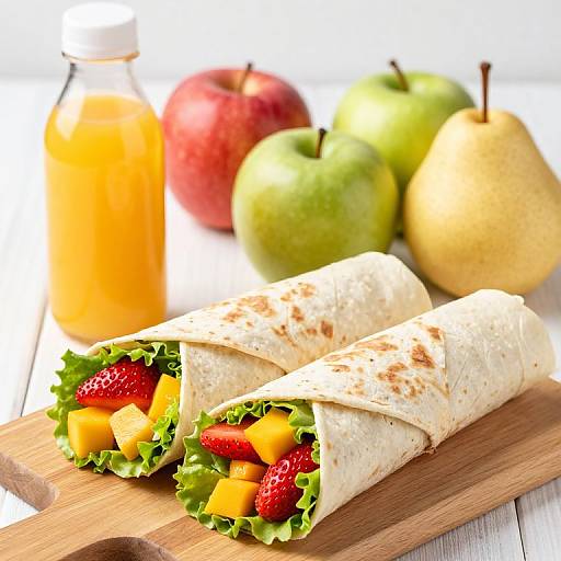 Photograph of colorful fruit wraps on wooden board with apples, pear, and orange juice bottle in background. Fresh ingredients visible.
