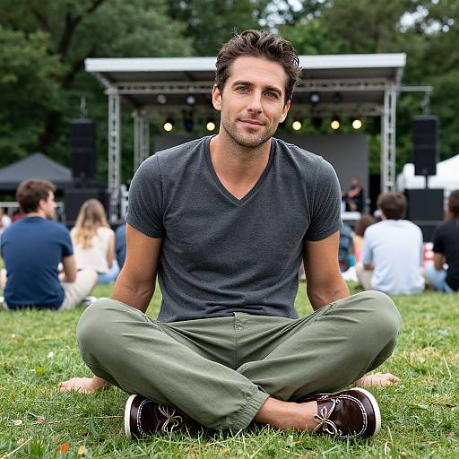 Photograph of a handsome, dark-haired man with a trimmed beard, wearing a gray V-neck T-shirt and olive pants, sitting cross-legged on grass