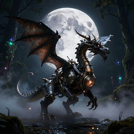 Steampunk Dragon in Bioluminescent Forest