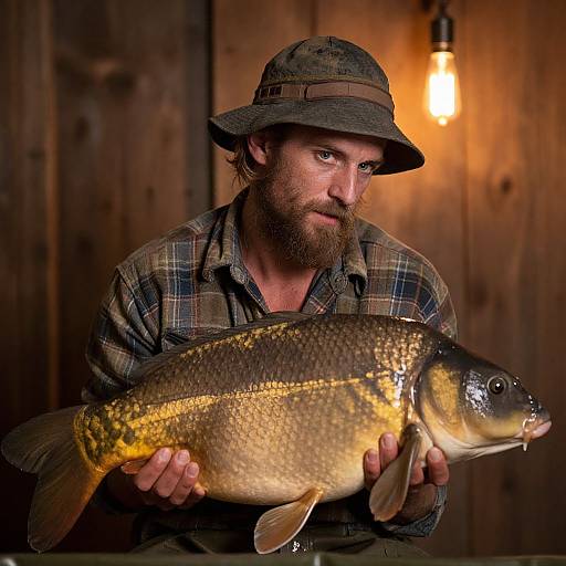 Photograph of a bearded man in a plaid shirt and hat holding a large, golden fish with a glowing lightbulb in the background.