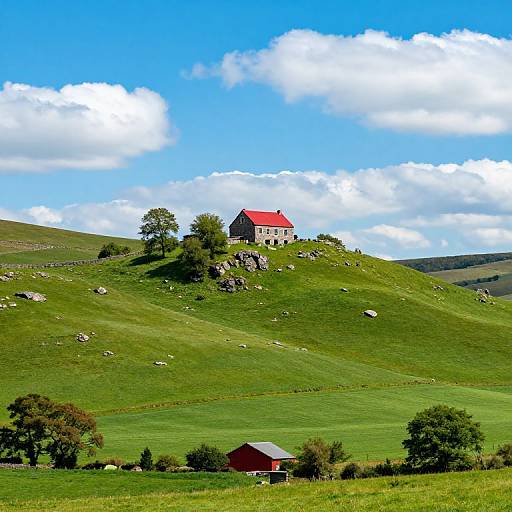 Photograph of a red-roofed farmhouse on a green hill, with scattered trees, rocks, and a smaller red barn in the foreground, under