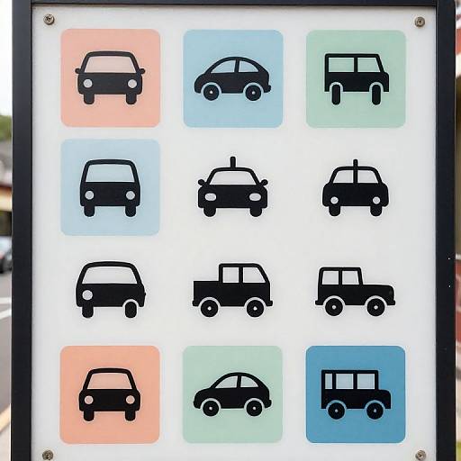 Grid of 12 black car icons, each in a different colored square (blue, green, peach), on a white background.