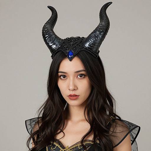 Photograph of an Asian woman with long black hair, wearing a black, ornate horned headdress with a blue gem, sheer black cape,