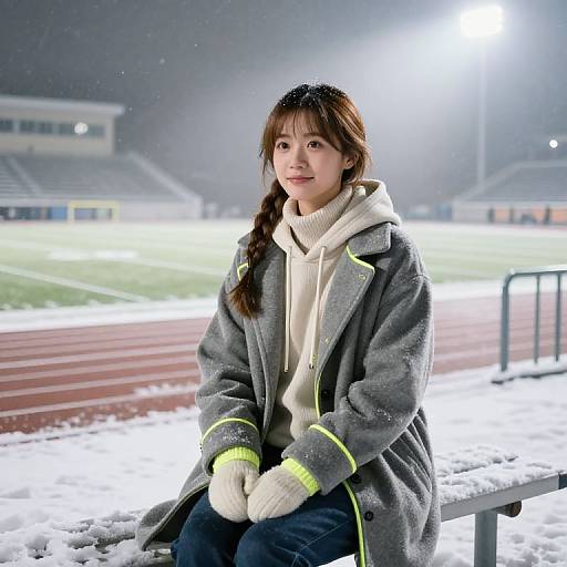 Photograph of an Asian woman with long brown hair in a braid, wearing a gray coat, white hoodie, and gloves, sitting on a snow