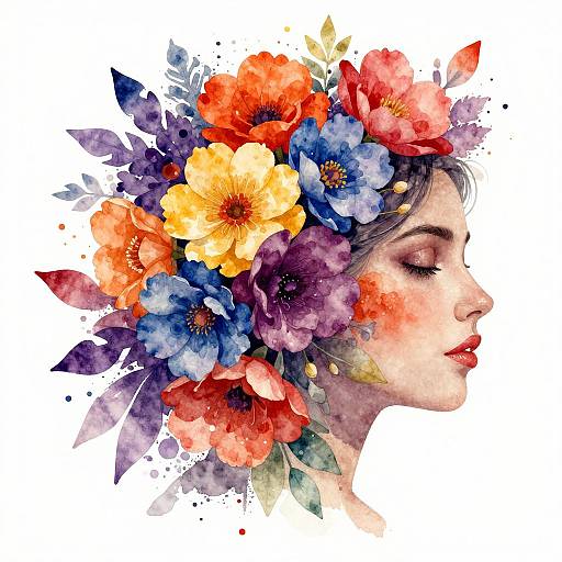 Watercolor portrait of a woman in profile, adorned with vibrant red, orange, yellow, and blue flowers, against a white background.