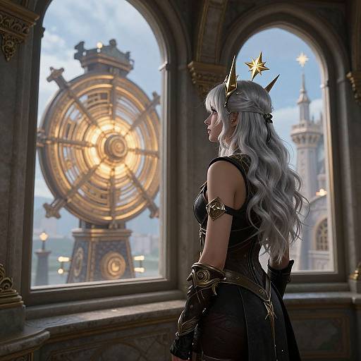Digital fantasy artwork: Silver-haired elf woman with gold horns and star halo, black ornate dress, gazes at glowing, steampunk clock tower