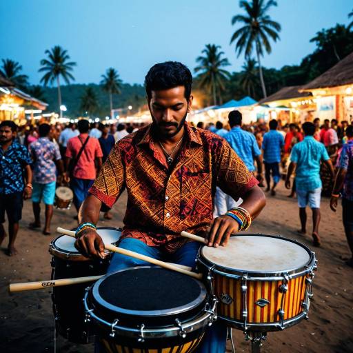 Coastal drummer playing at seaside festival in Goa