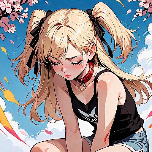 Anime Girl with Blonde Hair and Black Ribbon