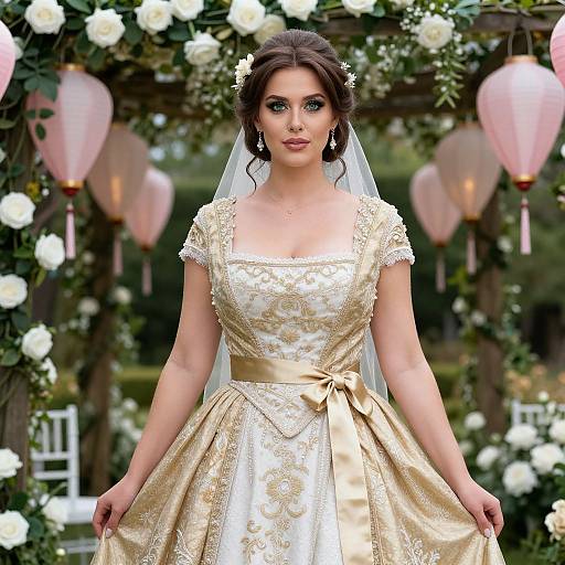 Photograph of a fair-skinned woman with dark brown hair in an ornate, gold wedding dress with lace details, standing in front of a flower