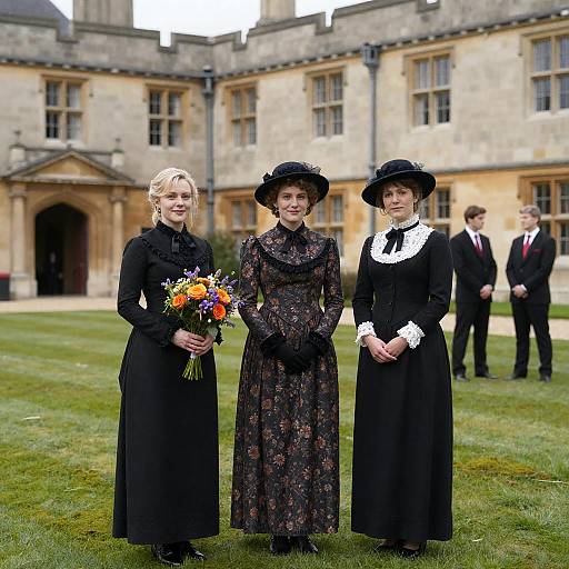 Elegant Victorian Women in Courtyard