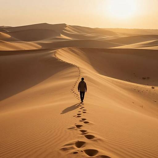 Silhouetted figure walks through golden sand dunes at sunset, leaving a trail of footprints. Sun casts warm light over rippled sand.