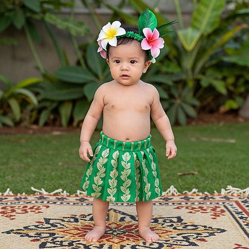 Photograph of a shirtless baby with brown skin, green leaf-patterned skirt, and floral headband, standing on a patterned rug in a