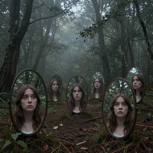 Photograph of six oval mirrors on forest floor, reflecting a sad-faced young woman with long brown hair, surrounded by misty trees.