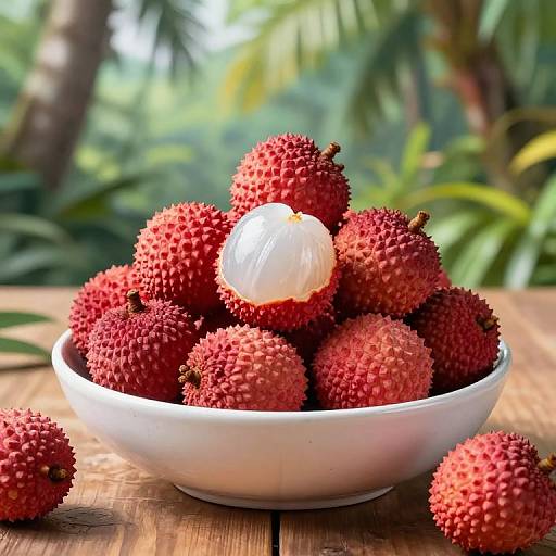 Photograph of a white bowl filled with vibrant red durians, one durian with its white spiky shell partially opened, set on a wooden table