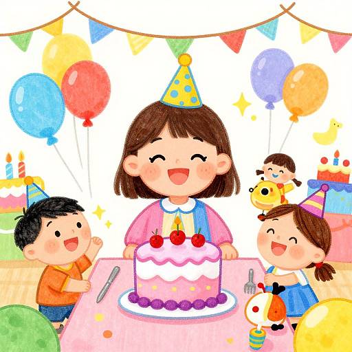 Colorful digital illustration of four happy children celebrating a birthday, centered around a pink cake with strawberries, surrounded by balloons and flags.
