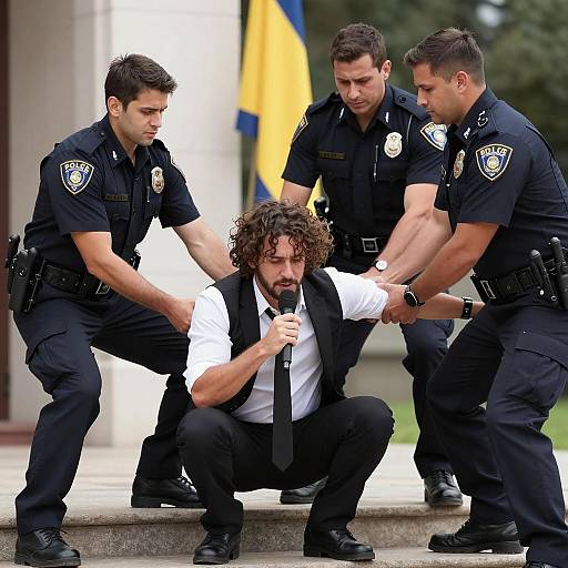 Police Officers Detaining Man with Microphone